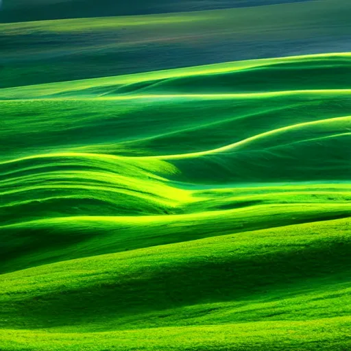 Prompt: https : / / s. mj. run / ixdectgsxzc rolling green hills at dawn. light and shadow. volumetric lighting. award winning photograph