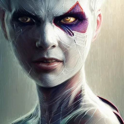 Image similar to full body portrait of white haired girl in spider man suit, super hero, webs, highly detailed, very beautiful face, very detailed eyes, digital art, artstation, concept art, smooth, sharp focus, greg rutkowski, wlop