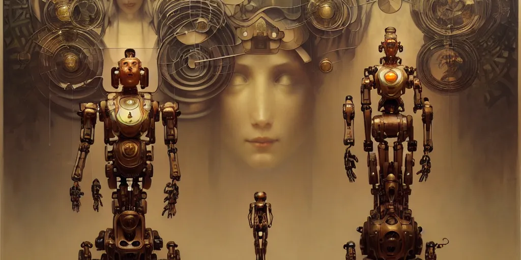 Image similar to octane render, ultra photorealistic, hyper detailed, unreal engine, a very very cute wooden mystical statue robot of the roman natural cyberpunk in a contemporary art gallery in neo tokyo artwork by alphonse mucha greg rutkowski