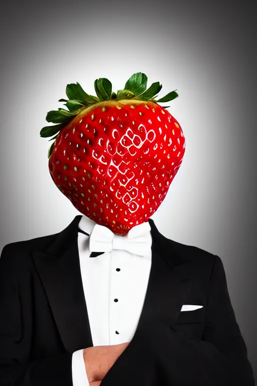 Prompt: a strawberry man wearing a tuxedo, he has a giant strawberry instead of a head, black background