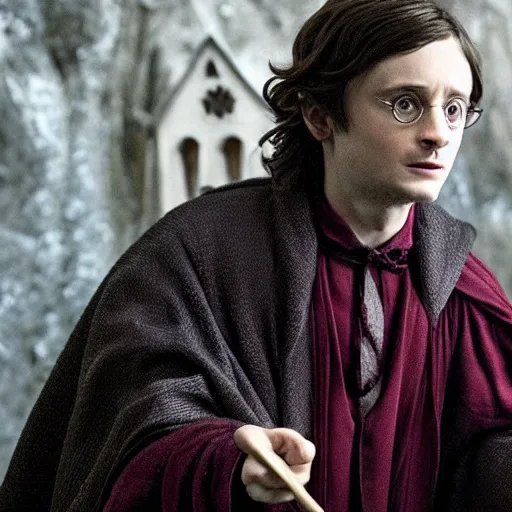 Image similar to Elijah Wood as Harry Potter casting a spell, wizard, robe, wand