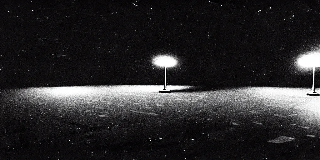 Image similar to low angle shot of a space port at night, set design by Ed Wood, in the style of Jim Jarmusch, shot on film, grainy, hyperrealistic