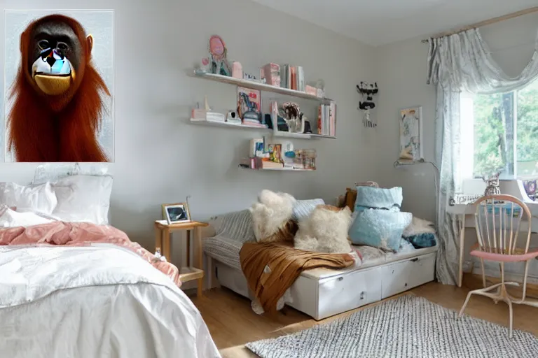 Image similar to lofi girl bedroom, lofi girl is an orangutan