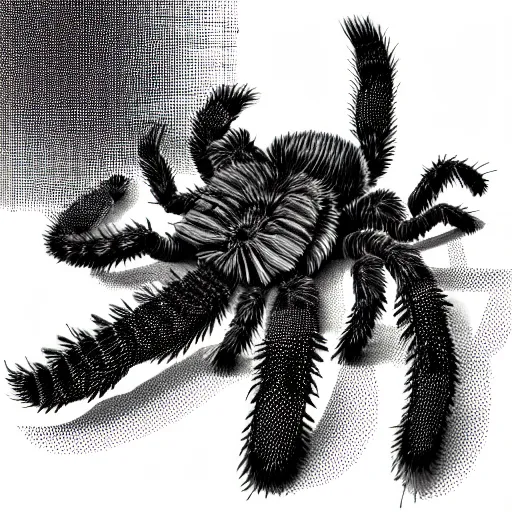 Image similar to book illustration of a tarantula with a machine gun mounted on its back. book illustration, monochromatic, white background, black and white image