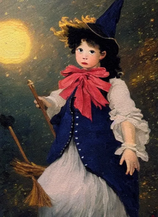 Image similar to little cute witch in an oil painting by jean - honore fragonard, portrait, with a broom, bob cut black hair, red bow in the hair, asian girl, intricate details, symmetrical face, sky in the background, stars, sparkles, glitter, sunset, epic lighting, soft vibes, navy blue red and black tones, ghibli tones, cinematic