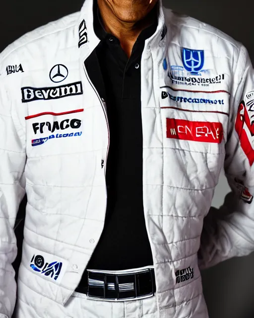 Image similar to a portrait of barack obama as a mercedes f 1 driver in a white overall with the face of barack obama, outdoor, professional portrait photography, ambient light