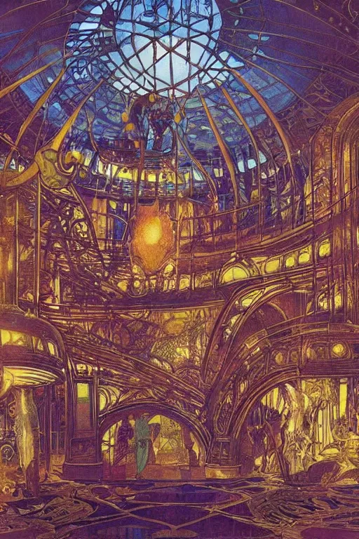 Image similar to interior of steampunk crystal palace, art nouveau, dramatic lighting, ultra - wide view, by hiroshi yoshida, ernst haeckel, moebius