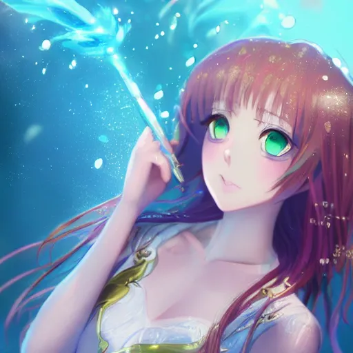 Image similar to a beautiful female human anime of time character, character is in all its glory under the water, character is centered on the image, character is holding magic weapon, rim lights, highly detailed professional photo, dynamic lights, particles and crystals are flying, very deep depth of field, trending on artstation, illustration, hyper realistic, vray caustics, super detailed, colorful accents, cinematic shot