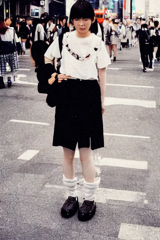 Image similar to a street fashion photograph of a young japanese woman in 9 0 s fashion, standing upright full - body shot, in tokyo akihabara, shot on cinestill 5 0 d with a canon 3 5 mm at f / 5. 6 lens, print magazine, photorealistic, nineties nostalgia, 4 k