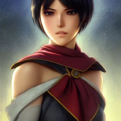 Image similar to mikasa ackerman, bokeh, beautiful face!!!!, 2 7 years old, cg animation, lifelike, animated, realistic, character select portrait, by artgerm, greg rutkowski, alphonse mucha, 3 d