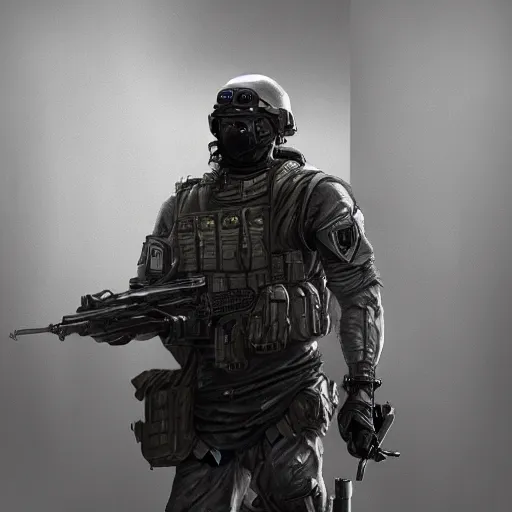 Image similar to Anguished Mercenary Special Forces soldier in grey uniform with black armored vest in 2020, by Cedric Peyravernay, highly detailed, excellent composition, cinematic concept art, dramatic lighting, trending on ArtStation