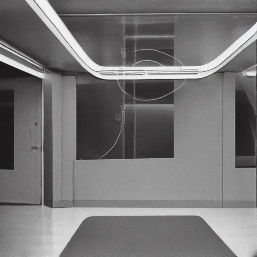 Prompt: noisy photograph of a retrofuturist liminal space, minimalist, modern