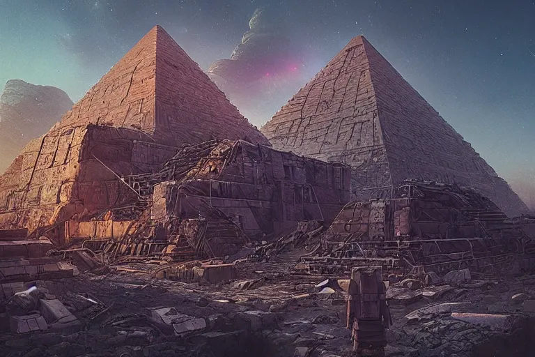 Image similar to ancient pyramids, cyberpunk art by mike winkelmann, trending on cgsociety, retrofuturism, reimagined by industrial light and magic, darksynth, sci - fi