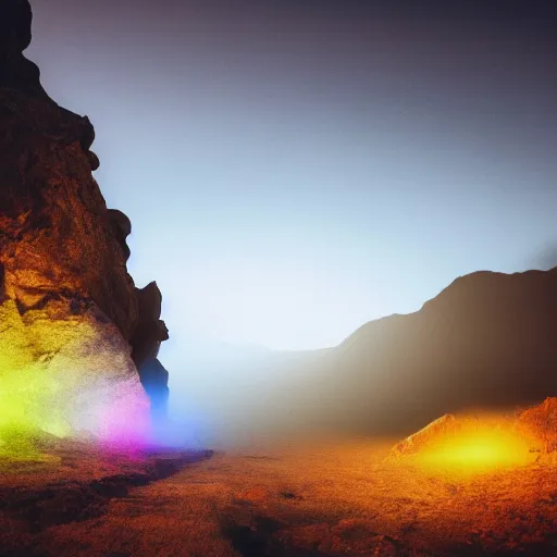 Prompt: unsplash contest winning photo, a giant crowd of realistic shiny reflective chrome men, inside a colorful dramatic unique rocky western landscape, low fog, giant neon light