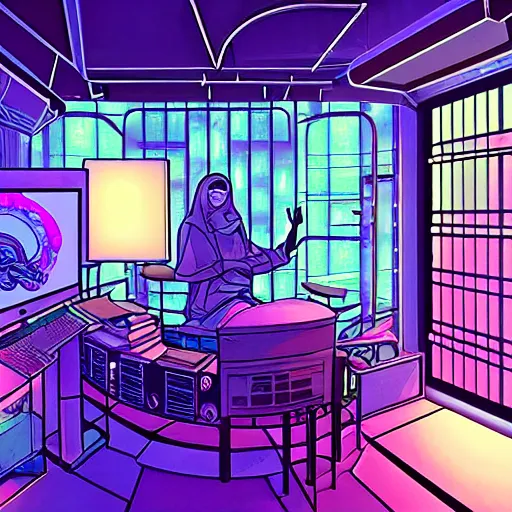 Image similar to discord room dream - 4 7, the experience of chrysalism in a cosy cluttered french sci - fi ( art nouveau ) cyberpunk street in a pastel dreamstate art cinema style. ( terrarium, computer screens, window ( street ), leds, lamp, ( ( ( piano ) ) ) ), ambient light.