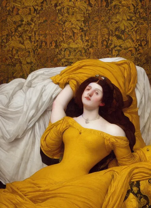 Image similar to masterpiece portrait of lady reclining on bed wearing yellow ochre ornate medieval dress, vertical, foreshortening, colour photography by frederic leighton, william morris, 8 k