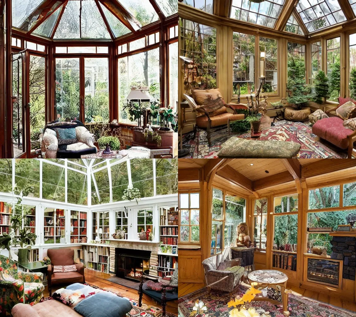 Prompt: beautiful cozy home library in a glass conservatory, fireplace, winter, garden