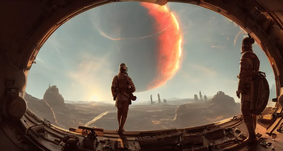 Prompt: a roman soldier standing on the bridge of a space station looks out the window at a burning planet, realistic rendering, unreal engine, 4k, hdr, high dynamic range, f12, simon stalenhag, high tech, star wars cavern interior