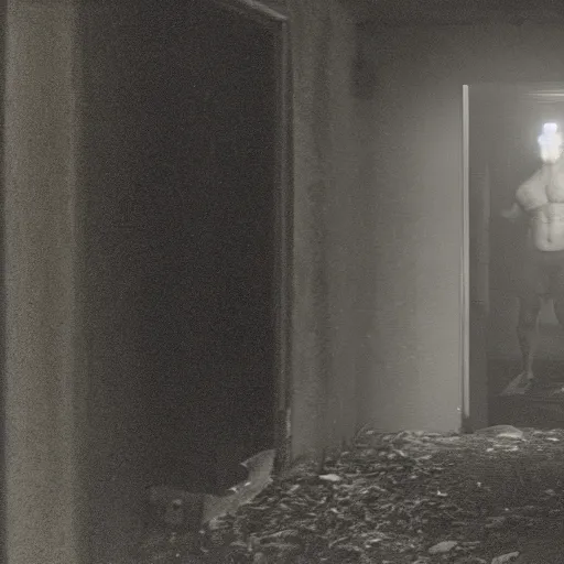 Image similar to hi - 8 night vision camera footage of a barely visible, bipedal minotaur with shrouded in darkness at the end of an extremely dark hallway in an abandoned house