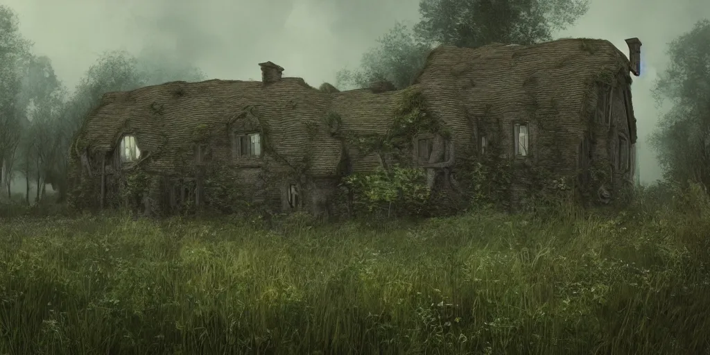 Image similar to photorealistic, ruined english cottage, overgrown vegetation, apocalypse, night, fog, shadowy creatures lurking, hyperrealistic, grimdark, artstation