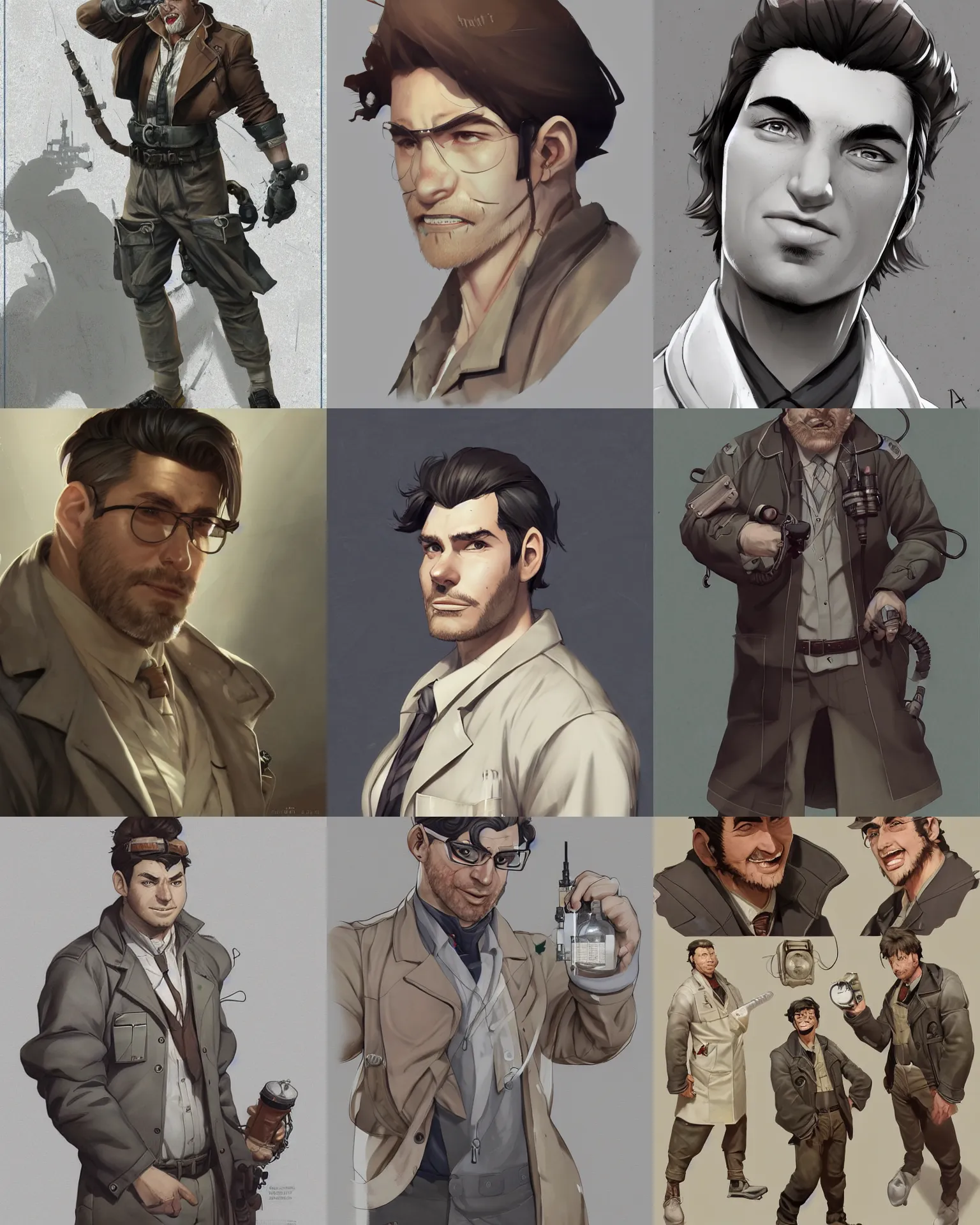 Prompt: A ruggedly handsome, slightly chubby male dieselpunk scientist in a lab coat, stubble, visualartzi, dieselpunk, anime, concept art by Karla Ortiz, James Paick, Charlie Bowater, Krenz Cushart, highly detailed, ultra detailed, ultra realistic, trending on artstation, cgstudio