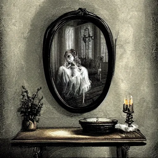 Prompt: A shadowy humanoid monster crawling out of a mirror in a fancy victorian room, foreboding atmosphere, creepy, hauntingly beautiful digital painting