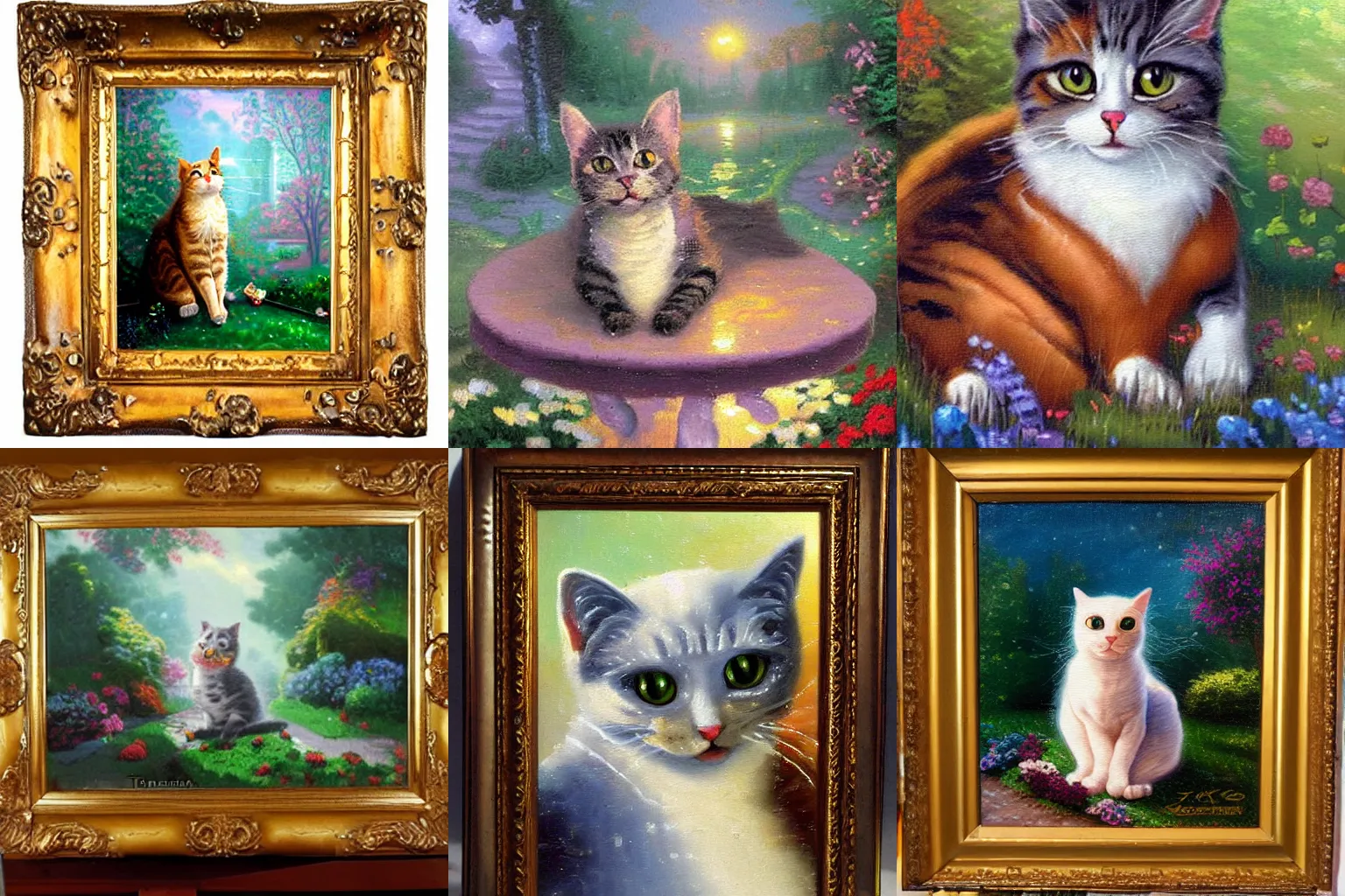 Prompt: An oil painting of a whimsical cat by Thomas Kinkade