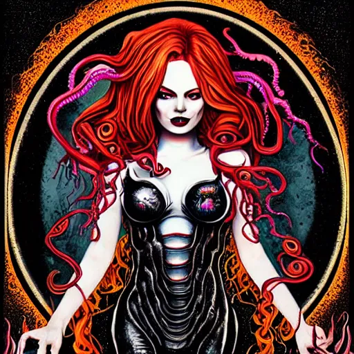 Image similar to scorn giger venom alien doom zdislaw bekinski horror hell alien tentacles satan fire flame octopus, beautiful underwater redhead woman portrait of emma stone as a belly dancer, pixar style, by tristan eaton stanley artgerm and tom bagshaw.