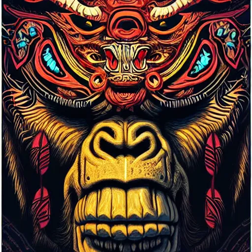 Prompt: barong family member with face and hands crossed, wiwek, mara demon, one single tribe member, jungle, one single mask, dark, ancient warrior, gorilla, lizard, tribal, inner glow, art by dan mumford and justin gerard