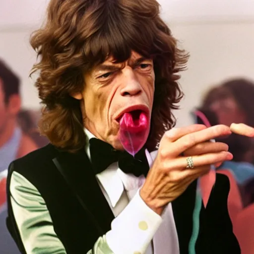 Prompt: Mick Jagger blowing a balloon