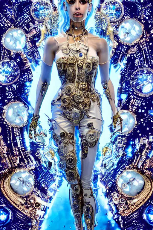 Prompt: full-body rococo and cyberpunk style crystal quartz statue of a young beautiful excited Brazilian android woman falling from the sky, glowing white laser eyes, crown of blue gears and diamonds, swirling gold-colored silk fabric. futuristic elements. full-length view. steampunk roses. human skulls. intricate artwork by caravaggio. Trending on artstation, octane render, cinematic lighting from the right, hyper realism, octane render, 8k, depth of field, 3D