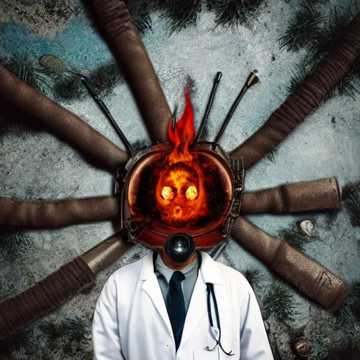 Prompt: An album cover, fire, mask, stethoscope!, (doctor), 3d render, ((robot)), (unreal engine), (rust), photograph, portrait, painting, (((forest)))
