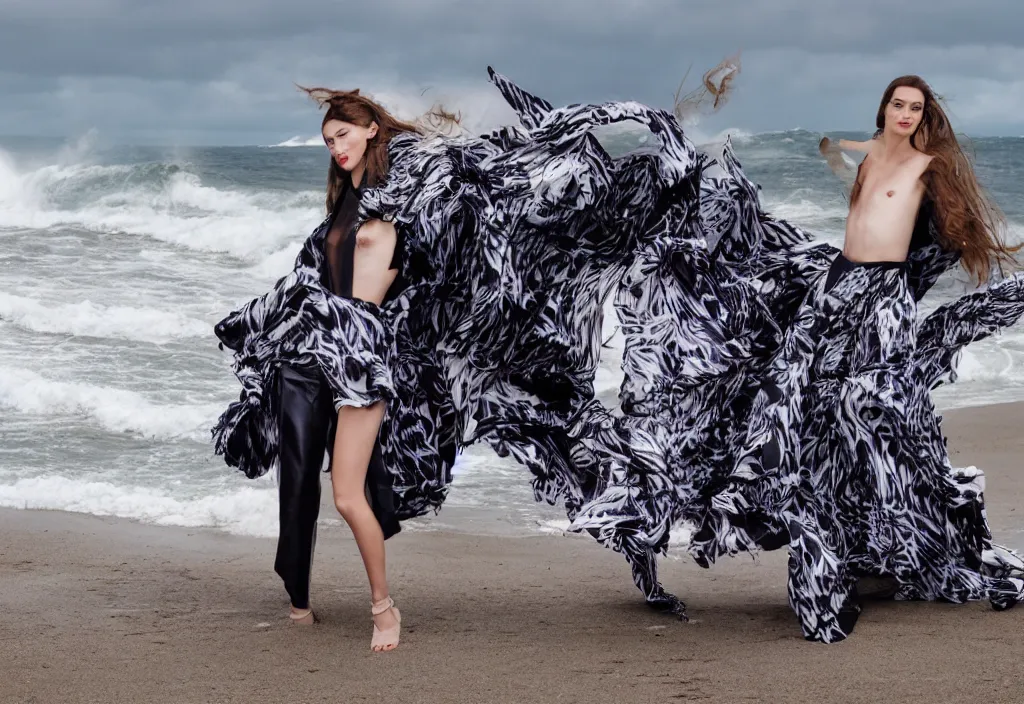 Image similar to fashion editorial in front of giant tsunami waves, on the beach.