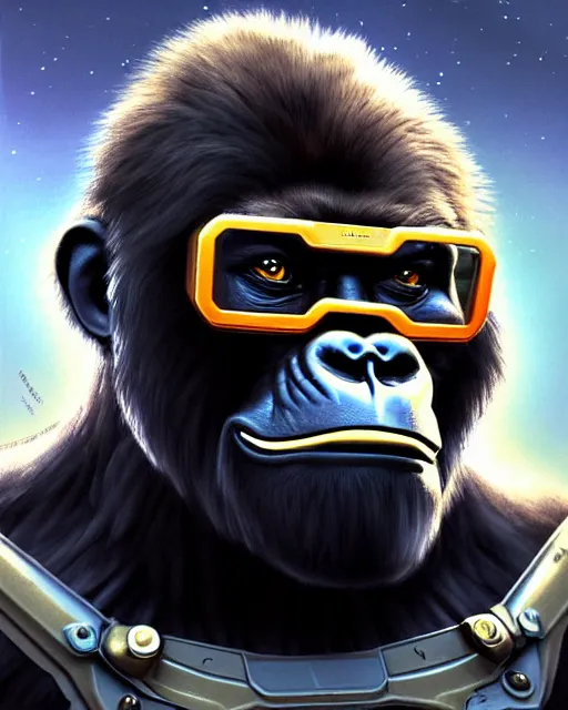 Prompt: winston the gorilla from overwatch, wearing battle tech armor, wearing square glasses, smart looking, character portrait, portrait, close up, highly detailed, intricate detail, amazing detail, sharp focus, vintage fantasy art, vintage sci - fi art, radiant light, caustics, by boris vallejo