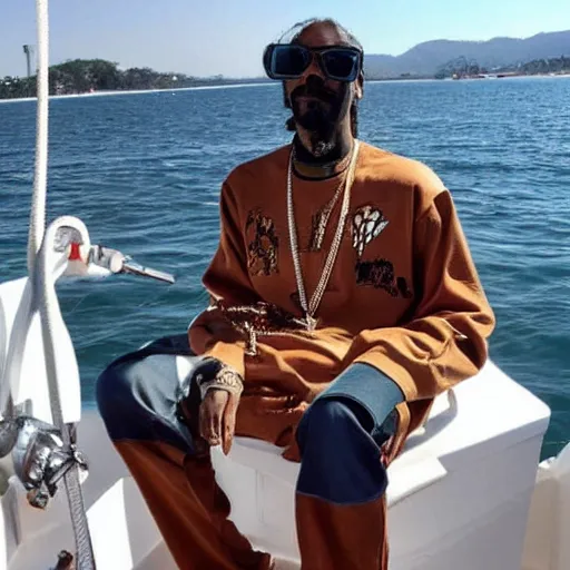 Image similar to snoop dogg sailing a boat