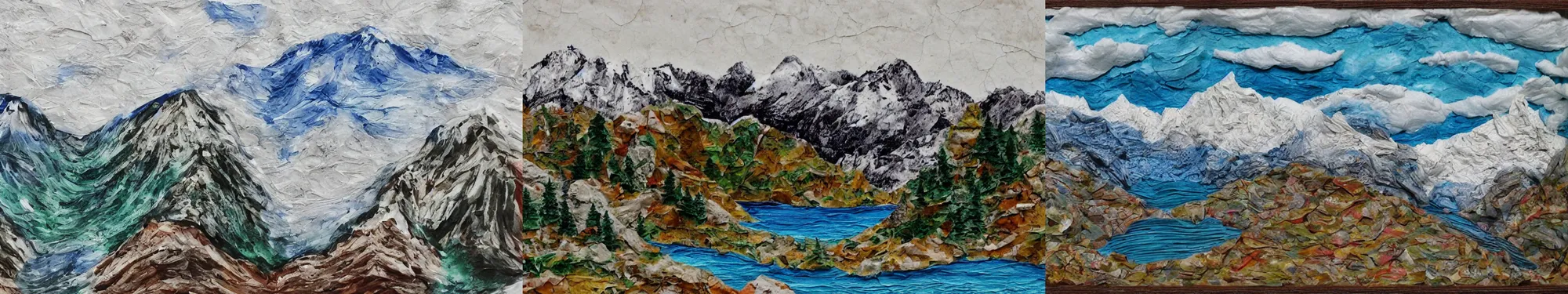 Prompt: lakeside mountains, papier mache