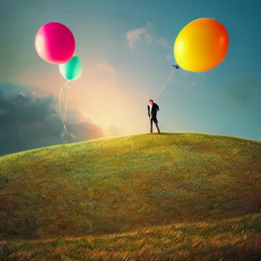 Image similar to a person standing on top of a hill under a bunch of balloons, digital art by RHADS, shutterstock contest winner, digital art, behance hd, photoillustration, whimsical