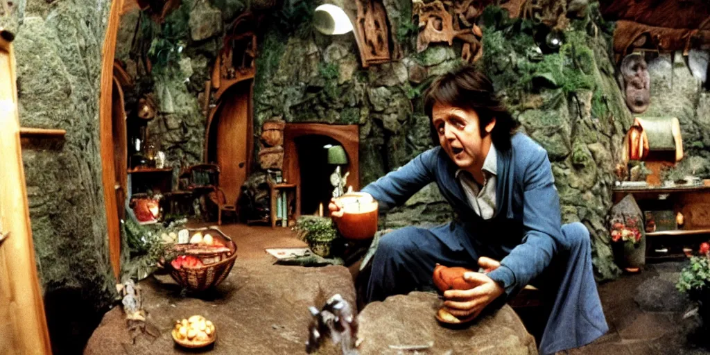 Image similar to A full color still of Paul McCartney dressed as a hobbit inside his house, looking at his palm, directed by Stanley Kubrick, 35mm, 1970