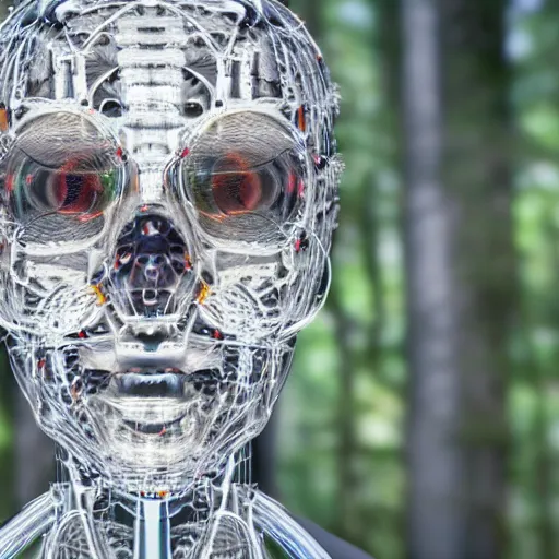 Image similar to very detailed portrait 55mm photo of a mechanical head without skin, with crystal bones and optic fiber nerves, gears in his head and cybernetic enhancements. Has cameras for eyes. In the forest with bokeh. Ray tracing and tessellation. Very sharp high detailed 8k image