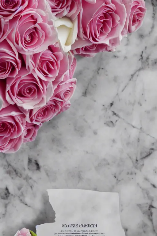 Image similar to Portrait Photo of Pink and White Roses surrounded by white rose petals on white marble, sunlit, 80s Versace ad, depth of field, highly detailed, award.