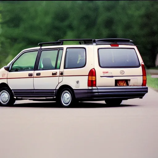 Image similar to very round 1990s Toyota Previa, 70mm flash photography