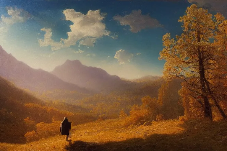 Prompt: a traveler wandering trough the mountains looking at the clouds, very detailed, focused, oil painting, cinematic lighting, albert bierstadt, trending on artstation, colorful, canvas, sunset, hans dahl, theodor kittelsen, hermann hendrich, national geographic, Konstantin Yakovlevich Kryzhitsky, beautiful nature, breathtakingn nordic, trees