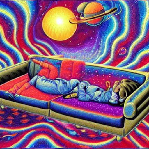 Image similar to psychedelic trippy couch in space, planets, milky way, sofa, cartoon by rob gonsalves