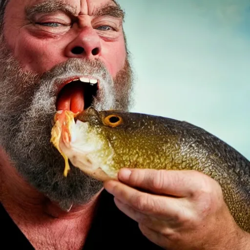 Image similar to close up shot of brian blessed swallowing a fish whole. photography, photographic