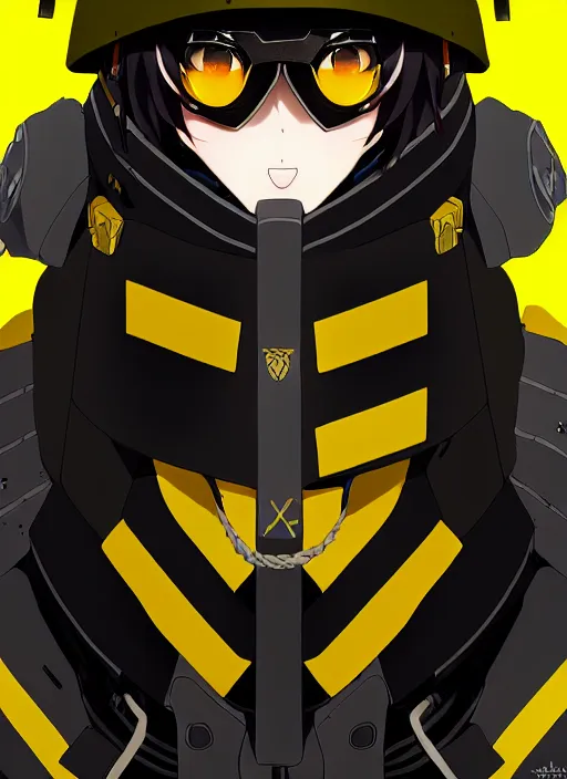 Image similar to anime portrait of a vicious helldiver scout soldier, black armor with yellow accents, closeup on face, ilya kuvshinov, anime, pixiv top monthly, trending on artstation, cinematic, danbooru, zerochan art, kyoto animation