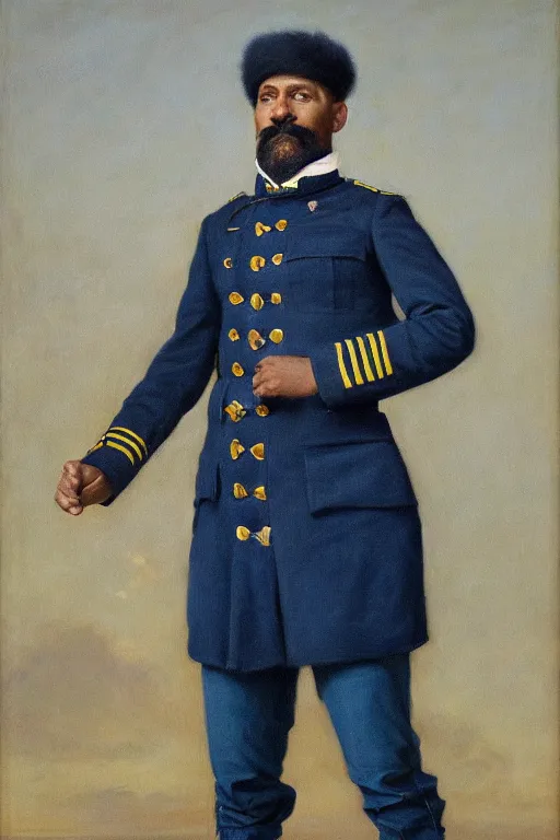 Image similar to full body portrait of the dictator of the minnesota timberwolves, 1 8 8 9, in full military garb, midnight blue, aurora green, lake blue, moonlight grey, oil on canvas by william sidney mount, trending on artstation