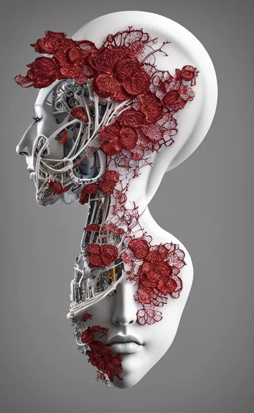 Image similar to complex 3d render ultra detailed of a beautiful porcelain profile woman face, mechanical cyborg, 150 mm, beautiful 3 point lighting, rim light, silver gold red details, luxurious magnolia with leaves and stems, roots, Alexander Mcqueen haute couture, fine foliage lace, mesh wire, filigran intricate details, hyperrealistic, mandelbrot fractal, anatomical, robotic parts, facial muscles, cable electric wires, microchip, elegant, octane render, 8k post-processing