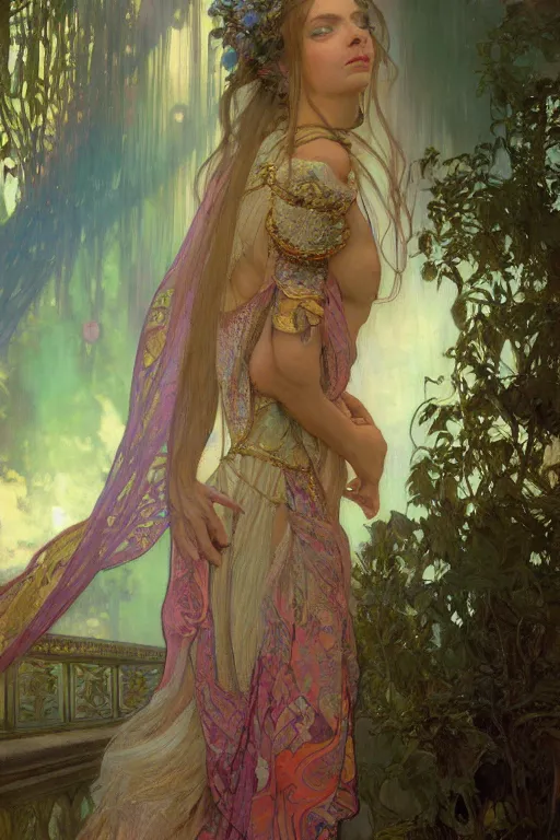 Image similar to hyperrealist portrait of a girl emperorit is decorated with long robes that fall like stars, an ostentatious palace and garden are seen in the background. by jeremy mann and alphonse mucha, fantasy art, photo realistic, dynamic lighting, artstation, poster, volumetric lighting, very detailed faces, 4 k, award winning