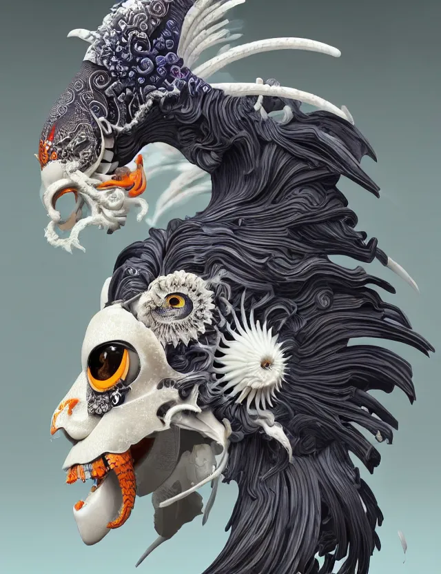 Image similar to 3 d goddess close - up profile portrait biomechanics with ram skull. beautiful intricately detailed japanese crow kitsune mask and clasical japanese kimono. betta fish, jellyfish phoenix, bio luminescent, plasma, ice, water, wind, creature, artwork by tooth wu and wlop and beeple and greg rutkowski