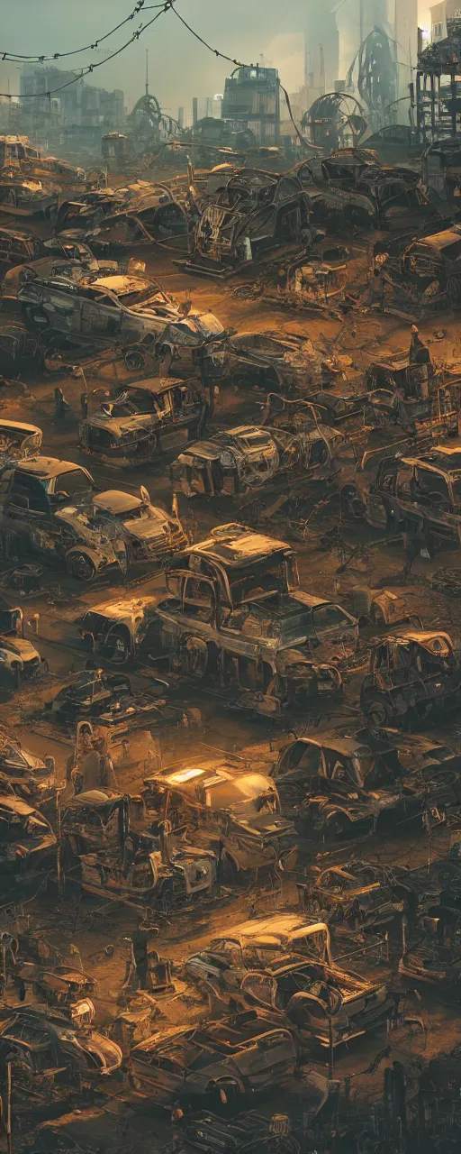 Image similar to an intricate concept art of a robot junk yard behind chainlink fence with warning sign, cinematic, post - apocalyptic, matte painting, ultra detail, concept art, hyper realistic, cgsociety, artstation, deviantart, style by feng zhu and dylan cole, octane render, anime style